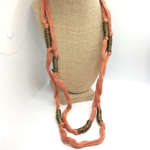 ARTISAN FABRIC FIBER YARN BRASS RINGS NECKLACE ARTSY LONG FLAPPER STYLE - Picture 3 of 10